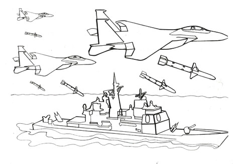 Warship Is Attacked By Fighter Aircrafts Coloring Page